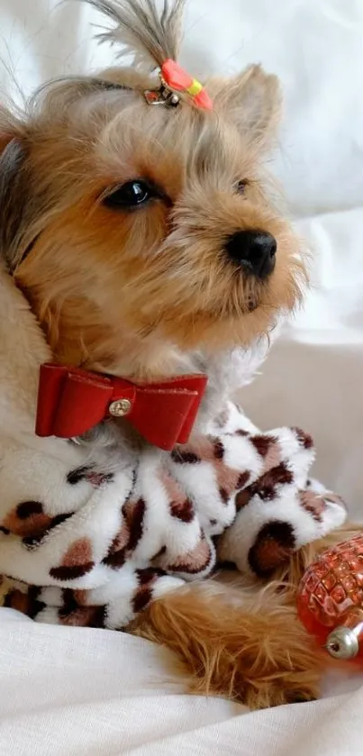 Cute puppy in leopard coat with red bowtie on white fabric.