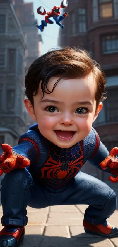 Adorable baby in Spider-Man costume in city setting.