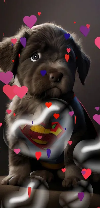 Adorable puppy dressed as a superhero with heart bubbles in the background.