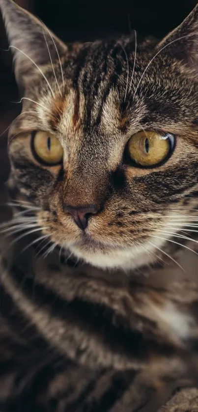 Close-up portrait of a tabby cat with striking eyes and detailed fur patterns.