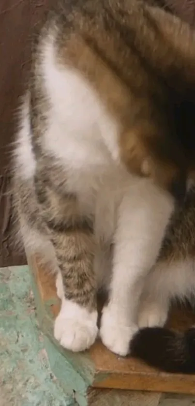 Adorable tabby cat sitting and relaxing on a wooden surface.