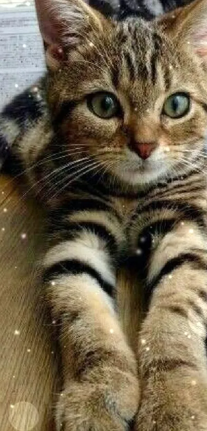 Cute tabby cat laying on wooden floor with green eyes.