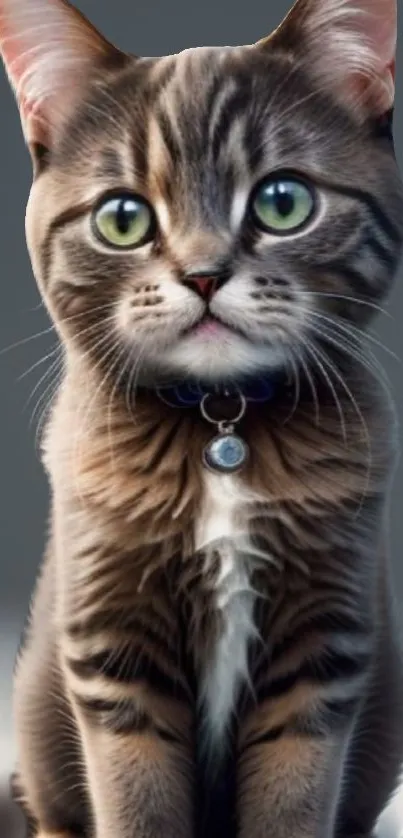 Close-up of adorable tabby cat with green eyes on gray background.