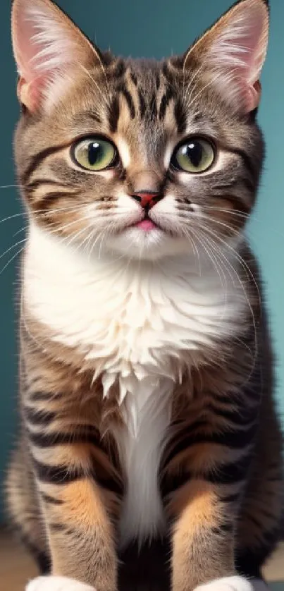 Adorable tabby kitten sitting on wooden floor.