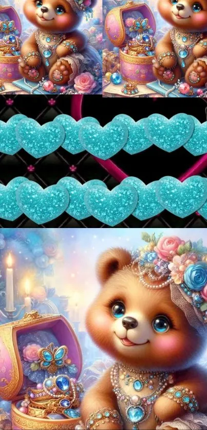 Cute teddy bear with jewels and flowers, surrounded by blue hearts.