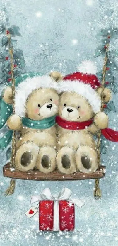 Cute teddy bears on a swing with a Christmas gift below, in a snowy setting.