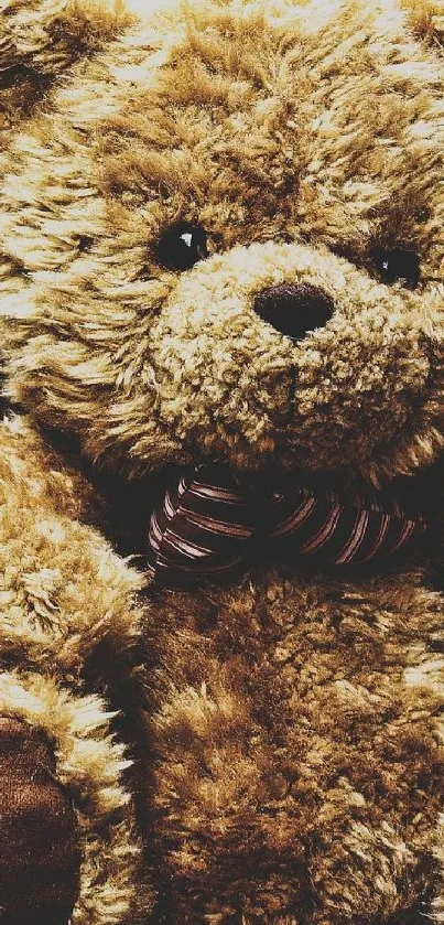 Close-up of a fluffy teddy bear with brown fur and a cozy appearance.