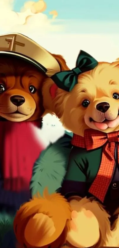 Adorable teddy bears in colorful outfits with joyful expressions.