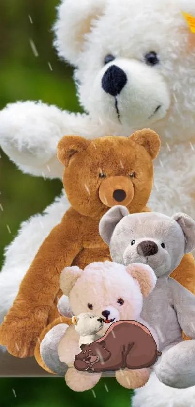 A group of cute teddy bears sitting together on a wooden surface.