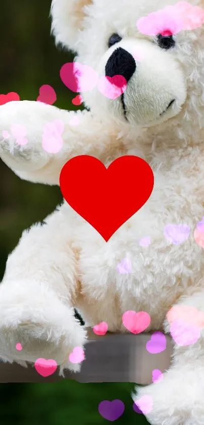 Adorable teddy bear with a red heart and colorful hearts background.