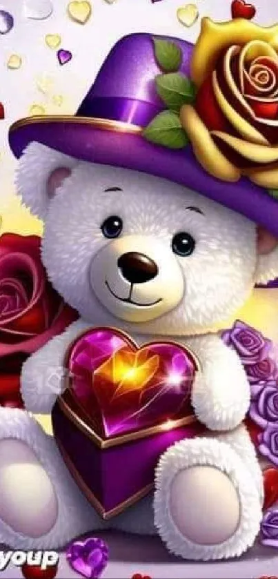 Teddy bear with purple hat and heart, surrounded by roses and colorful hearts.