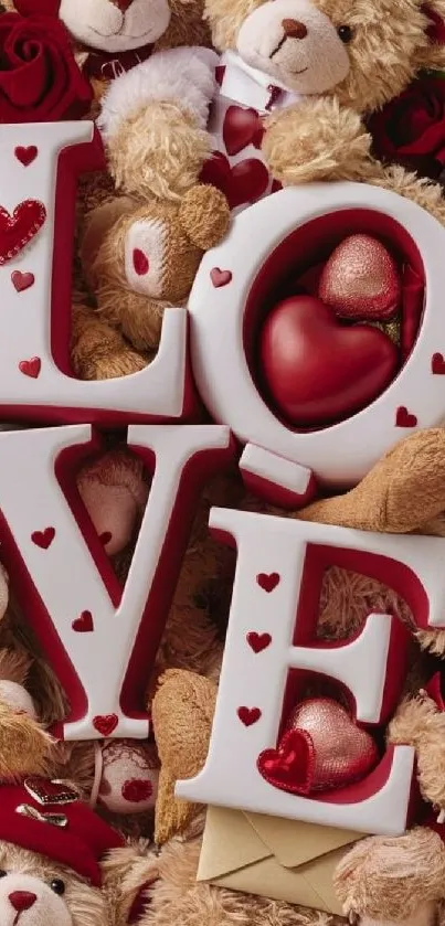 Teddy bears with love letters and hearts.