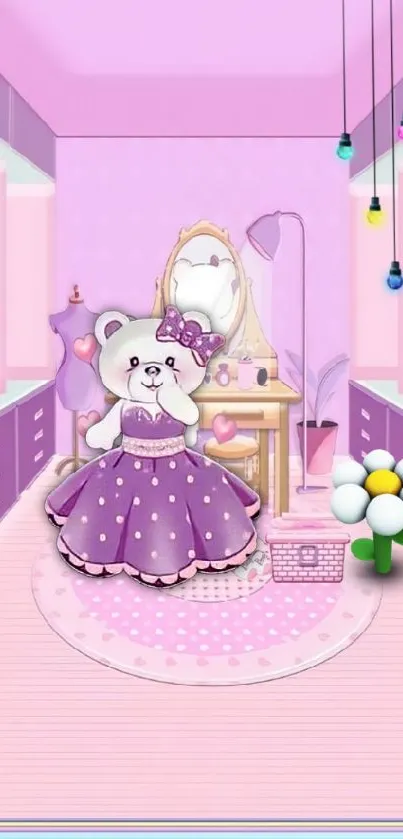 Adorable teddy bear in a pink and lavender themed room.