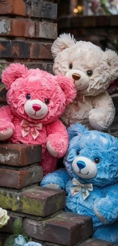 Three colorful teddy bears nestled in brick wall.