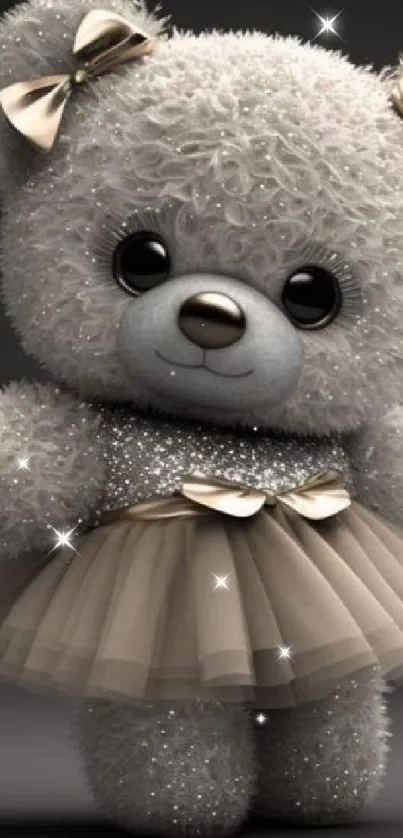 Adorable teddy bear in sparkly dress wallpaper.