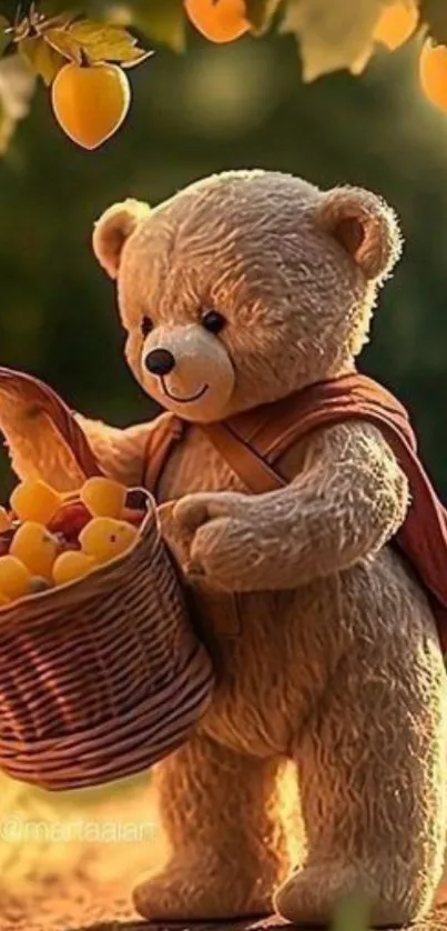 Adorable teddy bear with basket in nature wallpaper.