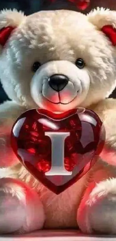 Cute teddy bear holding a red heart with I.