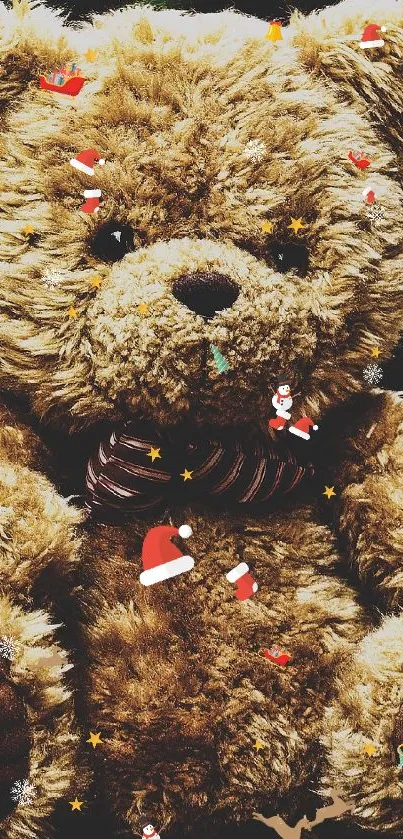 Fluffy teddy bear sitting on a stone surface outdoors, perfect mobile wallpaper.