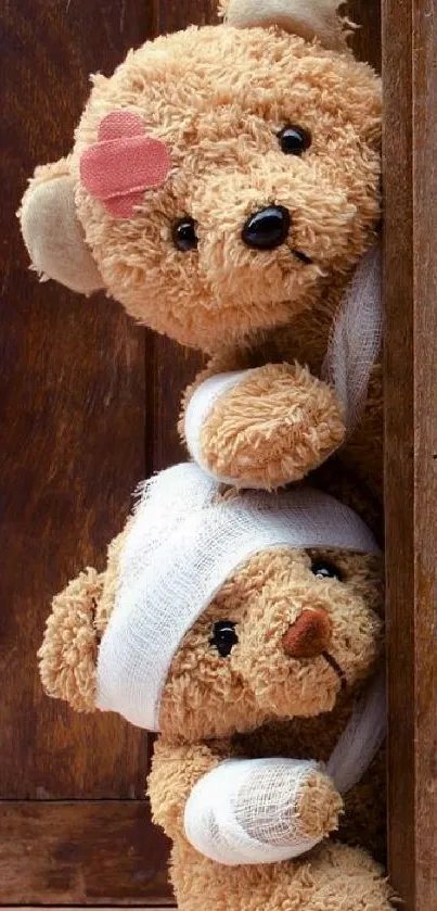 Adorable teddy bears peeking from behind a wooden door, perfect for mobiles.