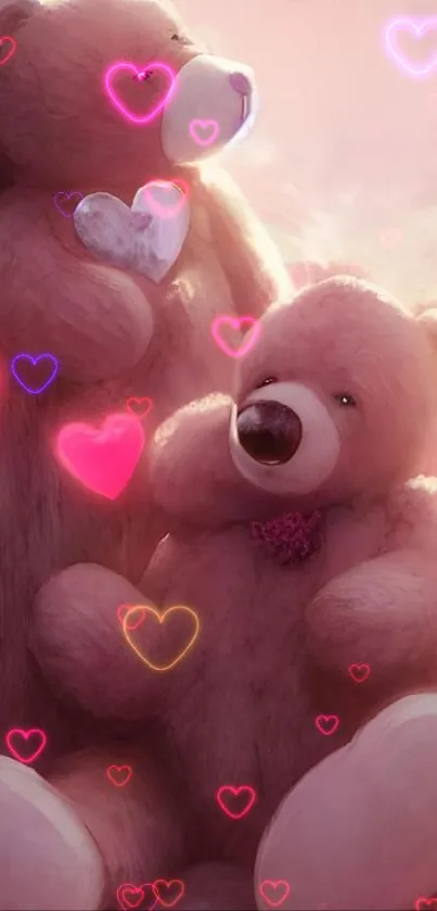 Adorable teddy bears with hearts in pink tones for mobile wallpaper.