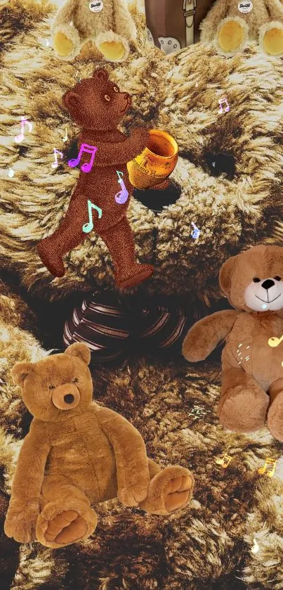 Adorable teddy bear wallpaper with musical notes and plush toys.