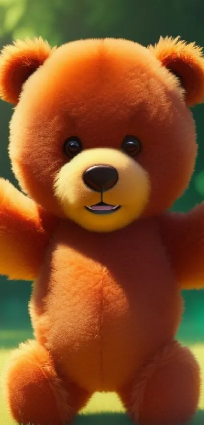 Adorable fuzzy teddy bear on a lush green background wallpaper.