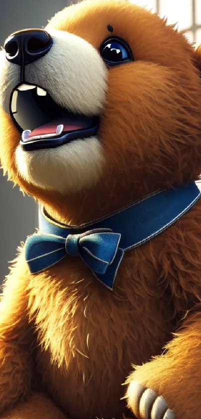 Charming teddy bear with blue bowtie mobile wallpaper.