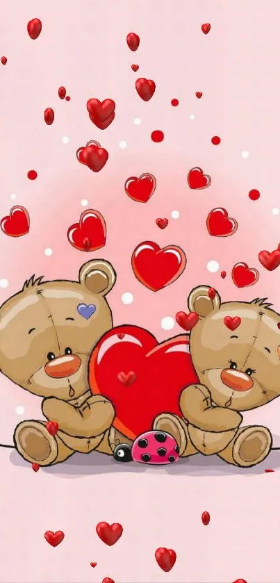 Adorable teddy bears with hearts on a light pink background.