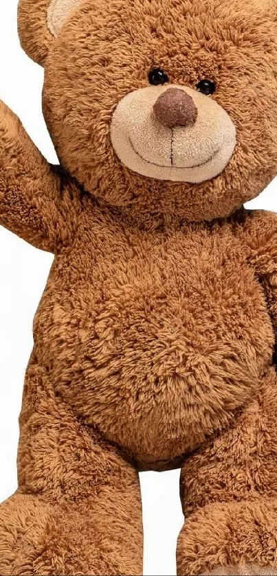 Charming teddy bear with raised paw, brown plush texture.