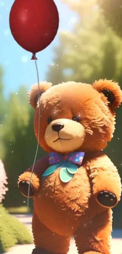 Cute teddy bear holding a red balloon in a sunlit forest setting.