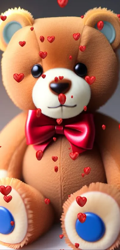 Cute teddy bear with a red bow on a mobile wallpaper.