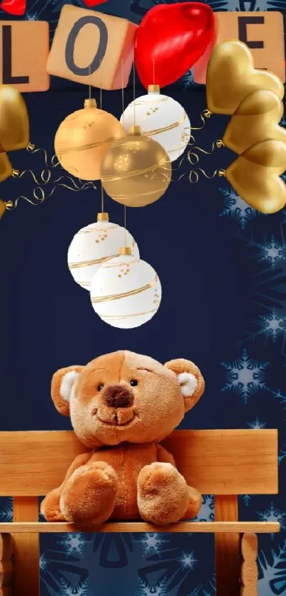Cute teddy bear on bench with festive decor on dark background.
