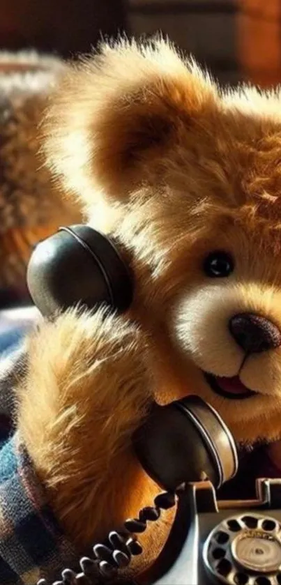 Cute teddy bear with phone in cozy setting.