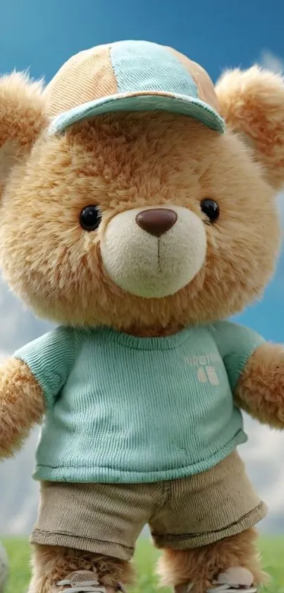 Adorable teddy bear in cap with blue sky background.