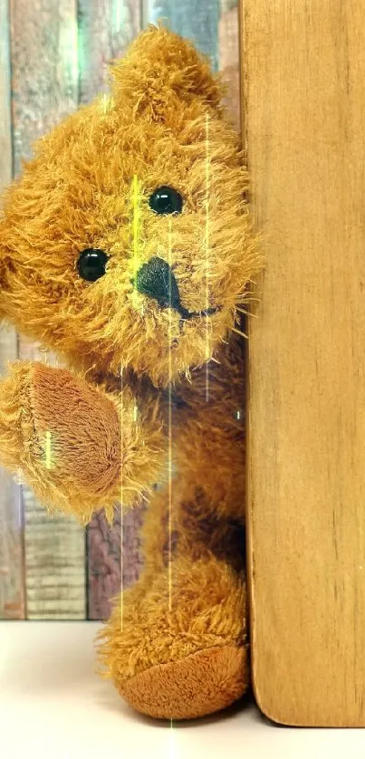 Adorable teddy bear peeking around wood paneled corner.
