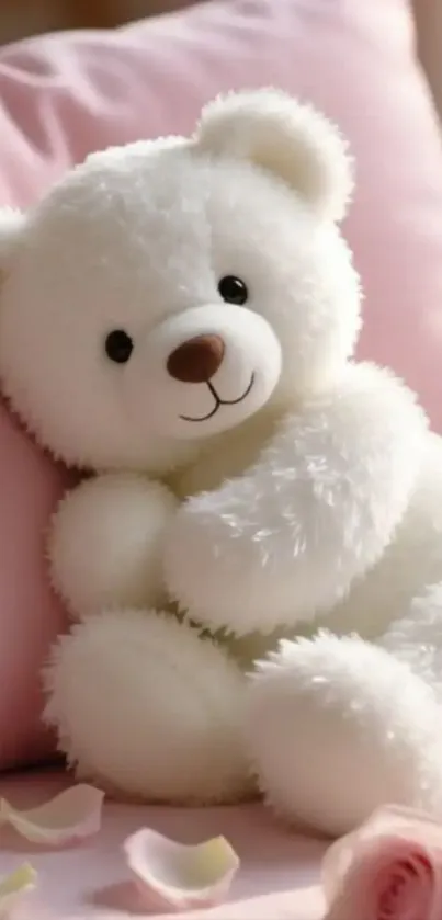 Adorable white teddy bear on a pink cushion with petals.
