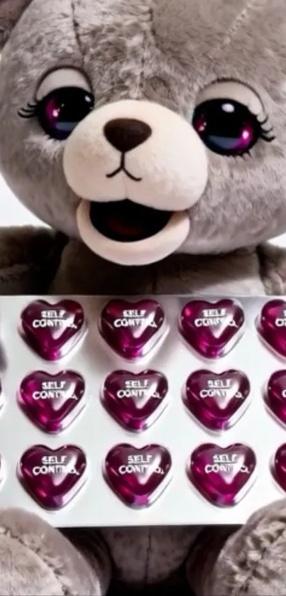 Cute gray teddy bear with heart-shaped tray