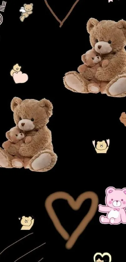 Adorable teddy bear and heart wallpaper on a black background for mobile devices.