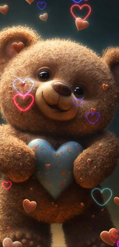 Cute teddy bear holding a heart, surrounded by tiny hearts on mobile wallpaper.