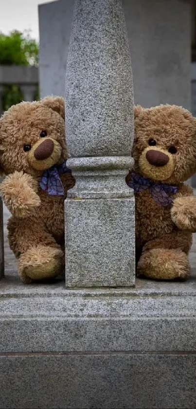 Two teddy bears behind stone pillars on a wallpaper.