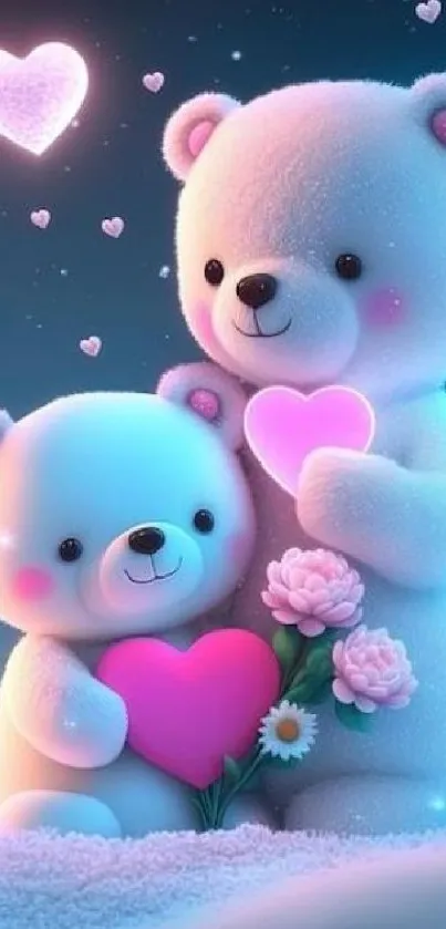 Cute teddy bears holding hearts with a dreamy background.