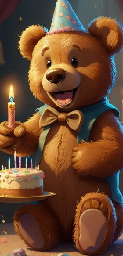 Cute teddy bear with birthday cake in festive setting.