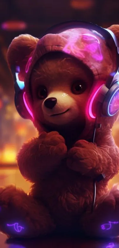 Cute teddy bear with headphones in a cozy, vibrant setting.