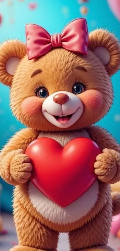 Cute teddy bear holding heart on blue background with balloons.