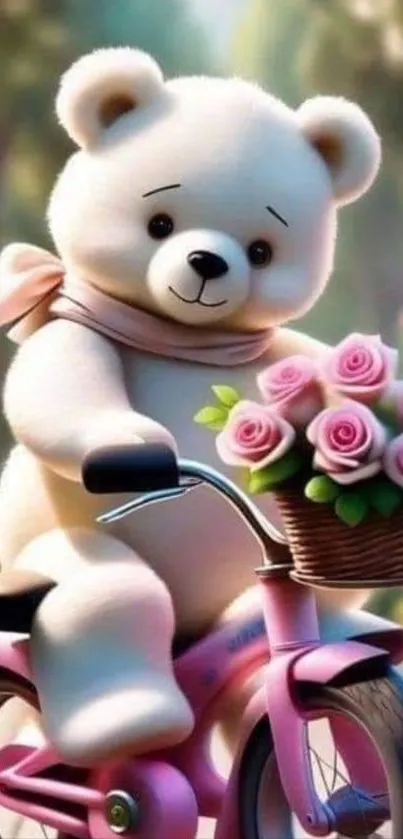 A teddy bear on a pink bicycle with flowers.