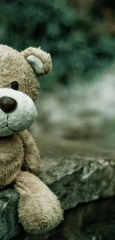 Cute teddy bear sitting on a stone wall in a natural setting.