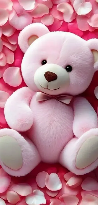 Pink teddy bear on a bed of petals.