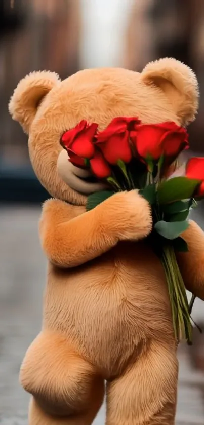Cute teddy bear with red roses on a street.