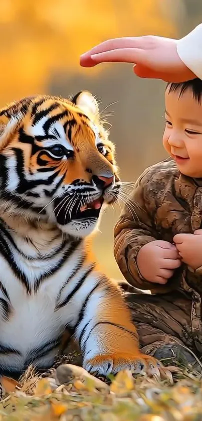 Child warmly pets a playful tiger cub.