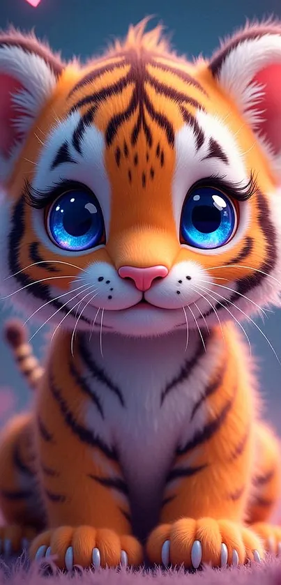 Adorable cartoon tiger cub with hearts background.